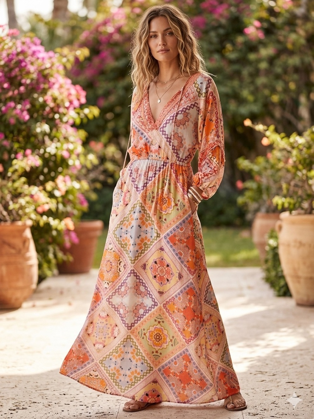 Johnny Was Orange & Cream Floral Patchwork Maxi Dress